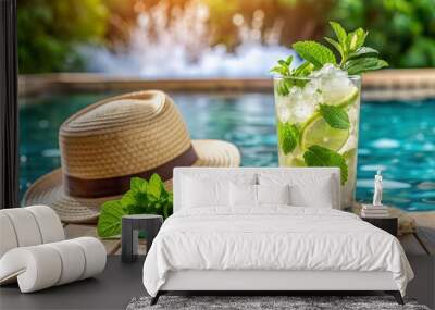 A glass of delicious Mojito cocktail on the background of the pool. Alcoholic cocktail juicy fruit with ice cubes and slices of lemon, lime and mint. Wall mural