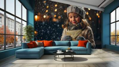 A little girl in winter clothes holding an envelope outside in snowy weather against the background of lights. A letter for Santa Claus. The winter atmosphere of a festive invitation. Wall mural