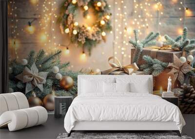 Gift boxes, lights, toys and a Christmas tree in the home interior of the living room. A cozy concept for Christmas and winter holidays in 2025. Preparing gifts for loved ones. Wall mural