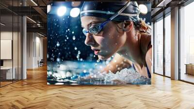 Sports swimming. Women's swim. An athlete wearing swimming glasses in a swimming pool at a close-up competition. The woman looks directly into the camera. Wall mural