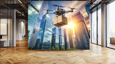 Technologies of the future. A delivery drone carries a cardboard box for a person on a rope. A delivery drone flies between modern skyscrapers. The concept of developing the delivery of goods. Wall mural