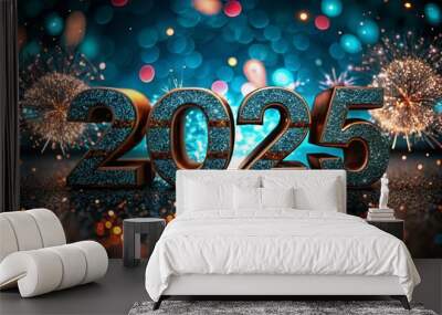 The banner. Happy New Year and Merry Christmas. Shiny 2025 numbers, sequins and a beautiful bokeh on a dark background. The flyer. Invitation. Wall mural