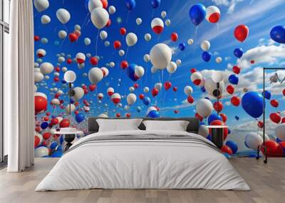 The concept of celebrating Russia Day on June 12. Balloons in the colors of the tricolor of Russia. White, blue, red fly away into the blue sky. Wall mural