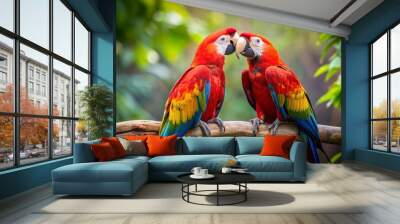 The rainforest. Two large red macaws are sitting on a branch on a blurred tropical background. Wall mural