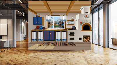 Russian village Interior with Russian stove. Traditional farmhouse kitchen with window vector illustration. Wall mural