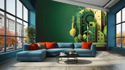 Sustainable green city, eco-city vector illustration. ESG - Environmental Social Governance illustration. Generative AI.   Wall mural