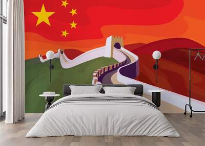 The great Wall of China with chinese flag in the sky. China politics illustration concept. Wall mural