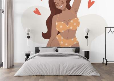 Happy african american curvy female figure. Body positive feminism concept. Lingerie and swimsuit. Beach body, summer vibes. Female beauty and self love poster. Love your body print card Wall mural