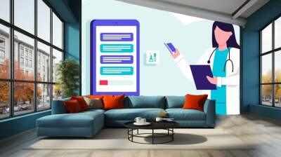 Online medical consultation and support. Online doctor. Healthcare services, Ask a doctor. Therapist in uniform with stethoscope, chatting with patients via app messenger Wall mural