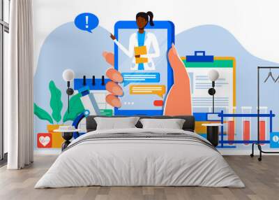 Smartphone screen with male therapist on chat in messenger and an online consultation. Vector flat illustration. Ask doctor. Online medical advise or consultation service, tele medicine, cardiology Wall mural