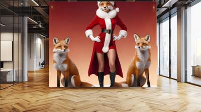 Qvadrobics body a fox in Santa Claus clothes with red foxes, fashion show on a red  background. Therians animal for the holiday Christmas and New Year. Template for a card, invitation, banner, print. Wall mural