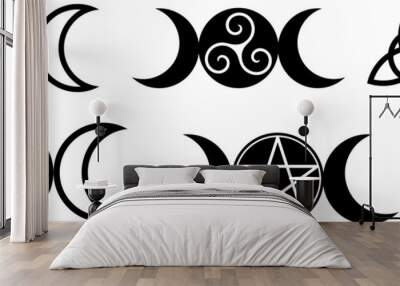 Collection of magical wiccan and pagan symbols: pentagram, triple moon, spiral wheel of the year Wall mural