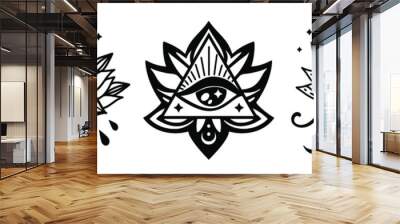 Evil eye set. Witchy illustrations with Third eye symbol, eyes talisman. Magic mushroom, lotus, triple moon with all-seeing eye. Sacred esoteric elements
 Wall mural