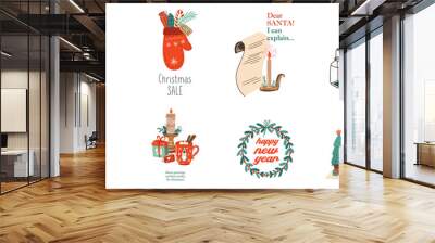 Hand drawn illustrations with decorative Christmas and Happy new year festive elements and quotes. New Year and Christmas cards set with lettering. christmas labels collection Wall mural