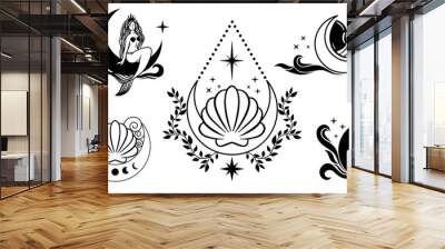 Ocean Witchy Magic illustrations. Sea and ocean witch symbols. Seashell, mermaid, seahorse, under the sea life. Water goddess set tattoo logo design Wall mural