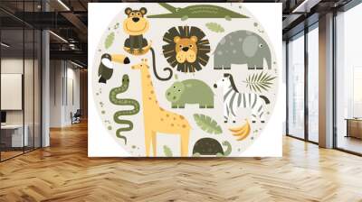 African animals set. Cute kawaii, wild animals, bird and amphibians. Vector illustration in children's style in the form of a circle. Can be used for school, zoo or birthday decoration. Wall mural