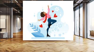 Figure skating in winter on ice in the park. A romantic date for the holiday on February 14th. A winter sport. Flat vector illustration in cartoon style Wall mural