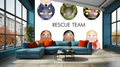 Modern kawaii dolls for your business project. Multiracial. Rescue team. Wall mural