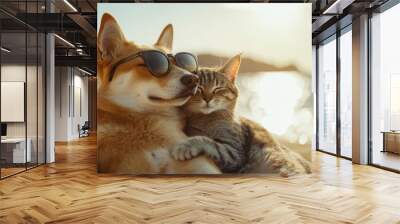 Dog and cat cuddling together by the water at sunset, both wearing sunglasses, creating a fun and relaxed summer vibe of friendship and companionship Wall mural