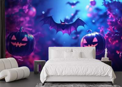 Mystical halloween night scene with glowing jack-o'-lanterns and bats Wall mural