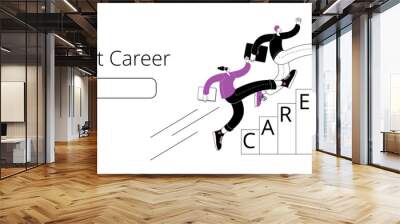 A man and a girl in casual clothes with a laptop in their hands are running up the career ladder. Vector illustration of a successful career. Wall mural