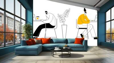 A man and a woman are sitting at desks in an office among flowers and working at computers. Vector illustration in the style of outline on the topic of computer work and workspace. Wall mural