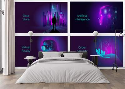 A set of horizontal banners in neon colors on the theme of modern computer technologies. The concepts of vector illustrations in the style of cyberpunk. Wall mural