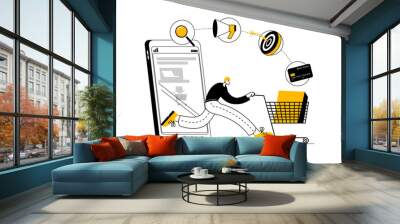 A user with a cart exits the phone along a trajectory with various icons. Vector illustration on the theme of the client's journey. Wall mural