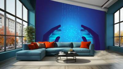 Hands holding a levitating neural network in the form of a brain, which receives the world's information flows. Vector template for a vertical banner. Wall mural