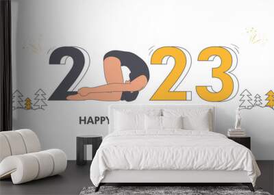 2023 yoga vector banner. Young woman in sasangasana (rabbit pose) practicing yoga with 2023 numbers. Rabbit omm 2023 yoga new year illustration isolated on the white background  Wall mural