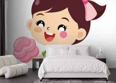 A cute little girl eats cotton candy. A girl a smiling with cotton candy. Isolated vector illustration. Wall mural