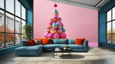 vibrant Christmas tree constructed entirely from colorful cupcakes, topped with a cherry, set against a pastel backdrop, perfect for a bakery's holiday promotion  Wall mural