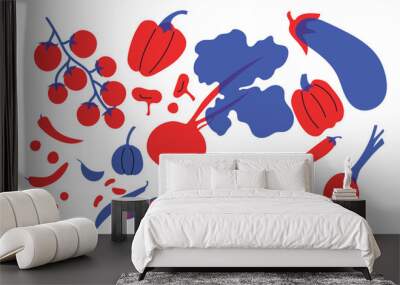 Flat vegetables. Cartoon vector organic vegetables. Pepper, tomatoes, eggplant, cherry, beet. Red and blue set fresh vegetables abstract illustratio Wall mural