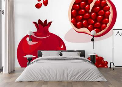 Pomegranate whole and cut in half. Pomegranate seeds. Vector illustration Wall mural