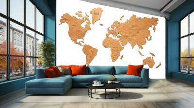 Wooden world map on a white isolated background. Wall mural