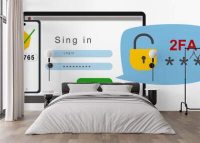 The concept of two-factor authentication security. Notification of login confirmation with a message in an envelope with a code. Lock icons in the laptop account. Vector illustration Wall mural