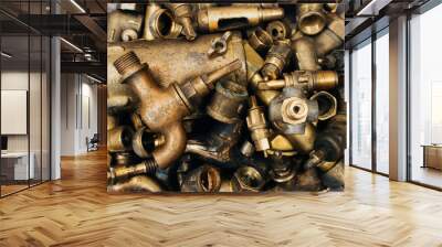 Brass scrap metal: taps, tees, plugs and various plumbing parts, spare parts. Against the background of a copper sheet. Close-up. Wall mural