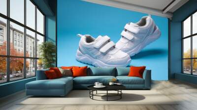 two white boys ' child shoes with velcro fasteners for the convenience of children's shoes, isolated on blue background. Wall mural