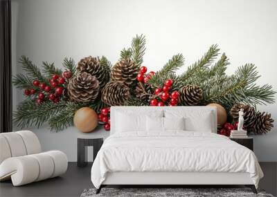 Fir branch with traditional Christmas decorations: pine cones, red berries, wooden ornaments, white background, warm light, classic Christmas style --ar 3:2 --stylize 250 --v 6.1 --style raw Wall mural