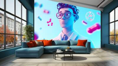 Сartoon doctor or scientist with glasses surrounded by colorful molecules Wall mural