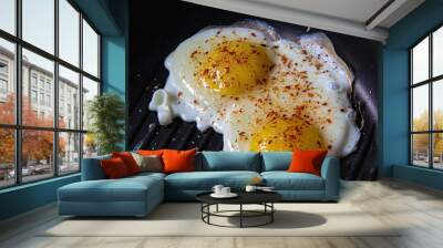 Fried eggs from two eggs with red pepper in a frying pan. Wall mural