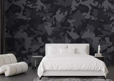 Black camouflage pattern , seamless vector background. Classic clothing style masking dark camo, repeat print. Monochrome texture Wall mural