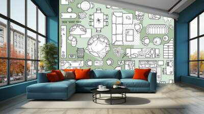 Collection of furniture and equipment top view for house plan. Interior icons set for bathrooms and living room, kitchen and bedroom (view from above). Vector blueprint for apartment floor plan Wall mural