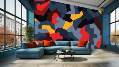 Fashionable geometric poly camouflage pattern. Stylish volcano print for fabric seamless background. Lava flow camo black orange and yellow ash texture. Vector sporty fiery coloring textile graphics Wall mural