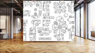 Floor plan of office or cabinet in top view. Desks (working table), chairs, computers, reception and other modular system of office equipment. Furniture icons in view from above. Vector Wall mural