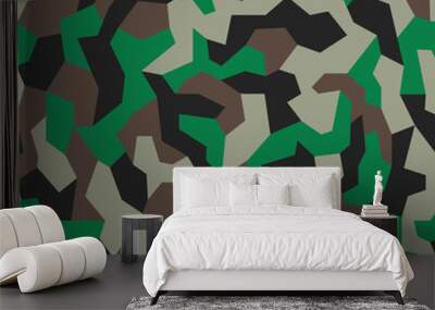 Geometric camo, seamless pattern. Abstract military or hunting camouflage background. Brown, green, black color. Vector illustration. Wall mural