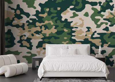 Green camouflage seamless pattern. Vector camo military background. Fabric textile print template. Wall mural