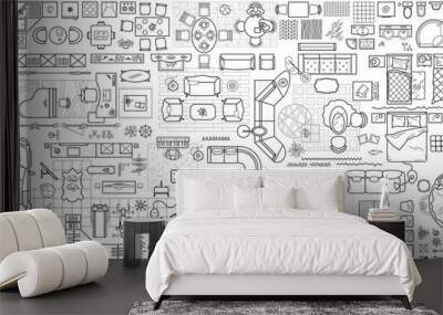 Set of furniture top view for apartments plan. The layout of the apartment design, technical drawing. Interior icon for bathrooms, living room, kitchen, bedroom, hallway . Vector floor plan. Wall mural