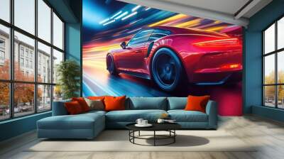 A bright red sports car is speeding along a vast highway under the starry night sky Wall mural