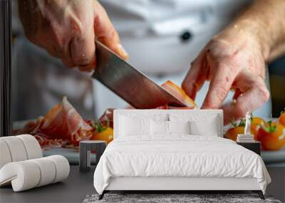 A chef is skillfully slicing meat and tomatoes on a cutting board in a kitchen setting Wall mural